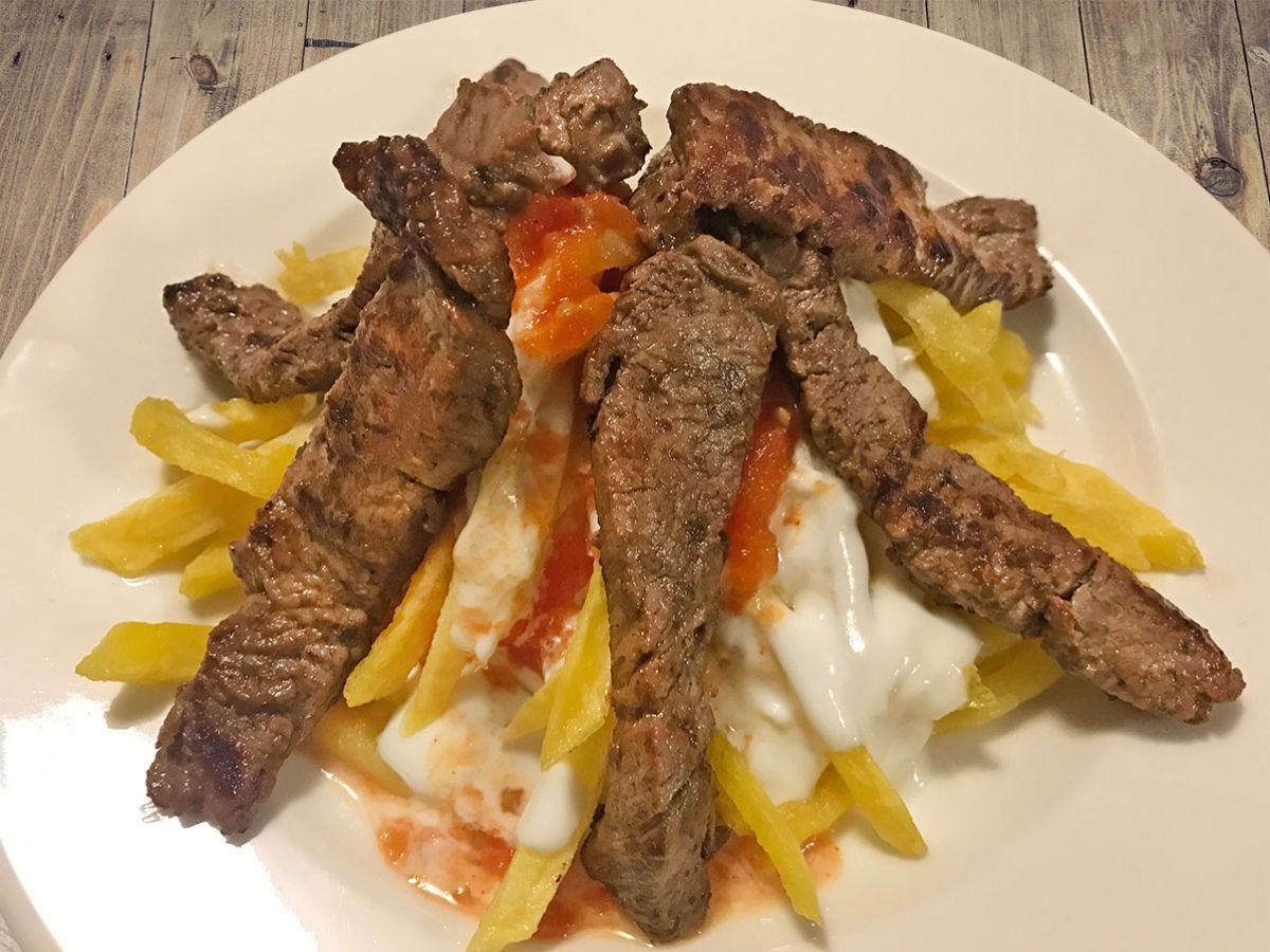 Çökertme Kebabı (Turkish Beef Kebab with Fries and Garlic Yogurt) recipe photo