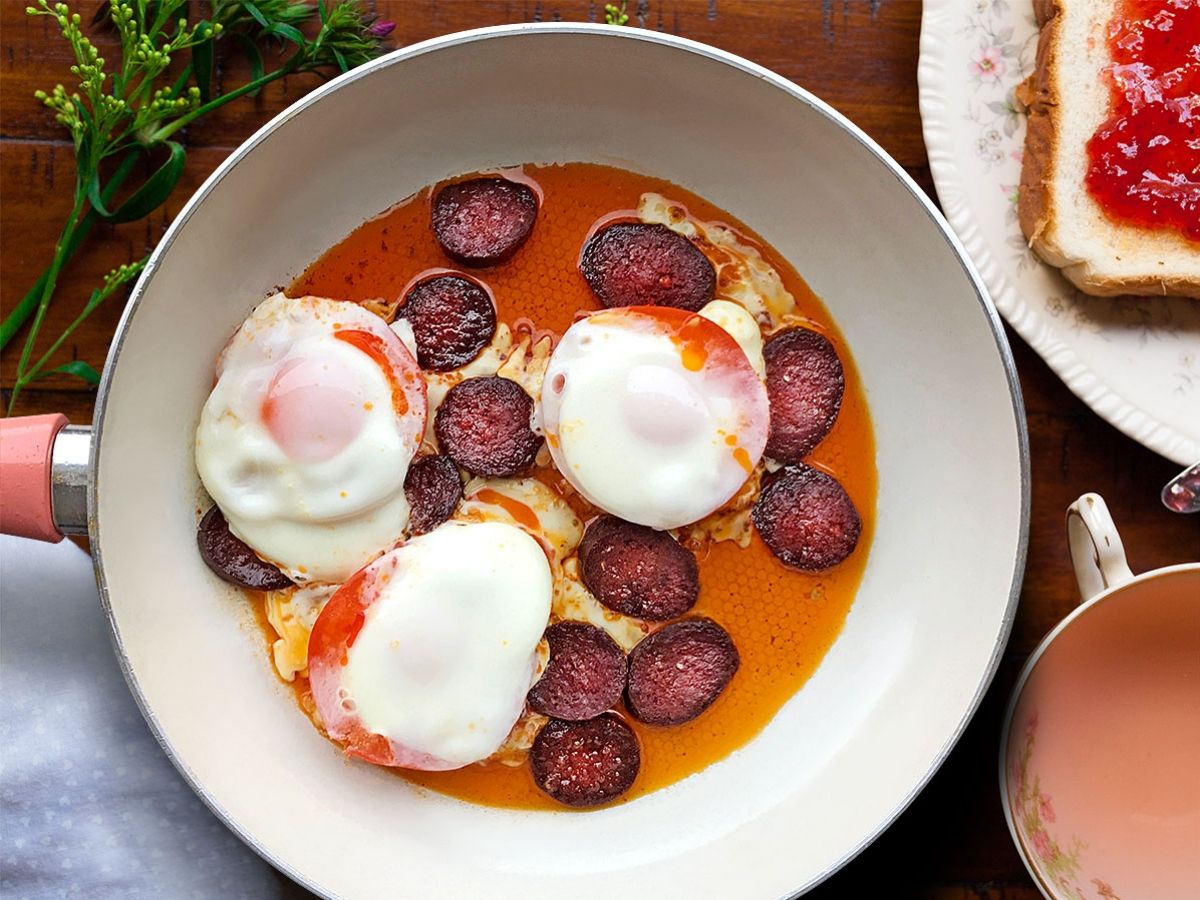 Eggs in Tomato Cups with Sucuk (Turkish Spiced Beef Sausage) recipe photo